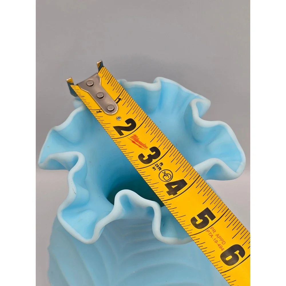 Fenton Vintage Satin Glass Vase Blue‎ Ruffled Rim 8 Inch Light Blue Embossed